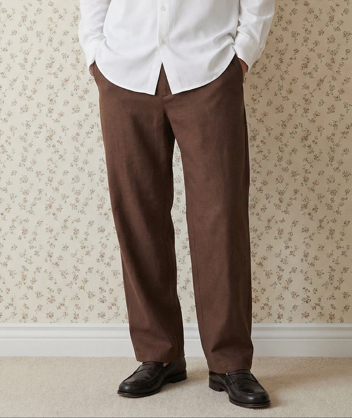 Men White Brown Set - Shirt & Trousers