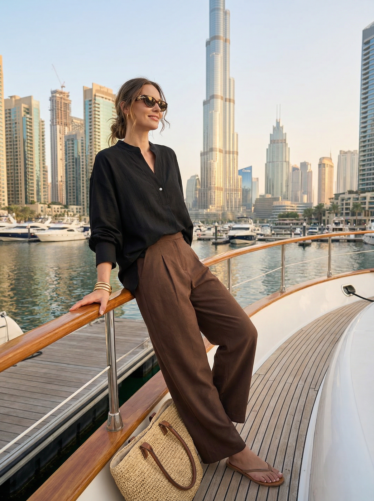 Women Black & Brown Set - rayon linen Shirt & tencel cotton Trousers 