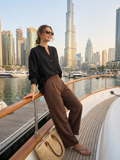 Women Black & Brown Set - rayon linen Shirt & tencel cotton Trousers 