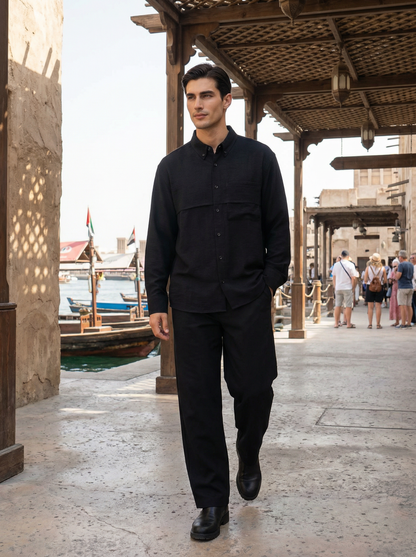 al seef Black Rayon Linen Shirt & Black Tencel Cotton Trousers