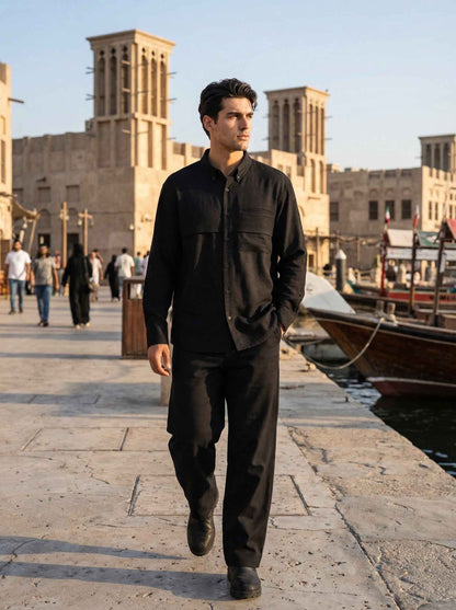 al seef Black Rayon Linen Shirt & Black Tencel Cotton Trousers