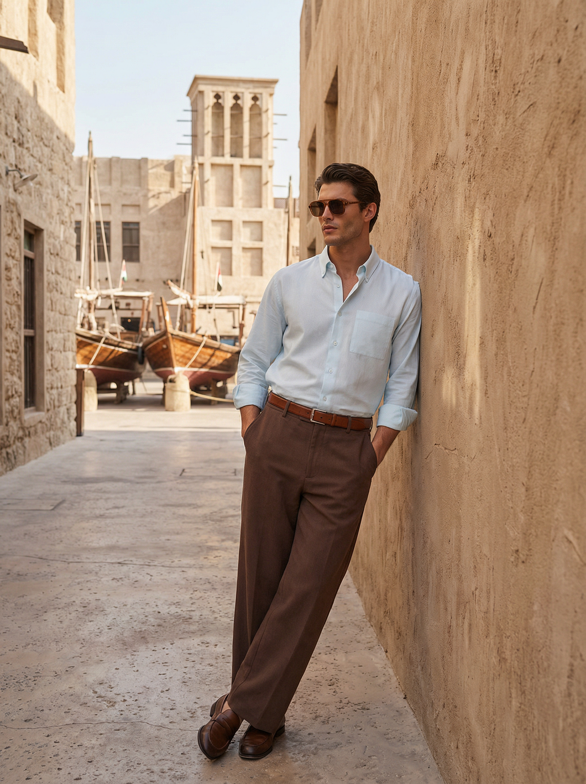 Men Light Blue & Brown Set - pure linen Shirt & tencel cotton Trousers 