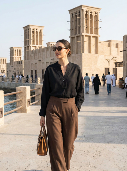 V NECK BLACK RAYON-LINEN SHIRT