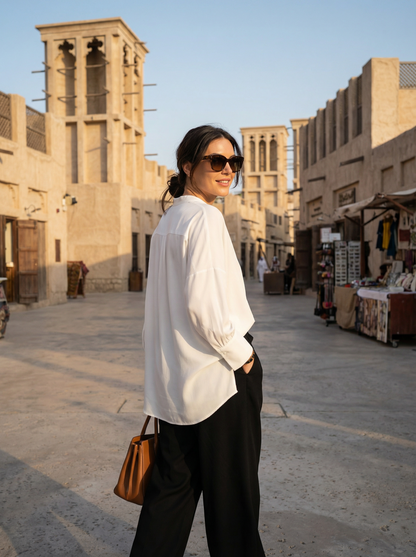 Women White & Black Set - rayon linen Shirt & tencel cotton Trousers 