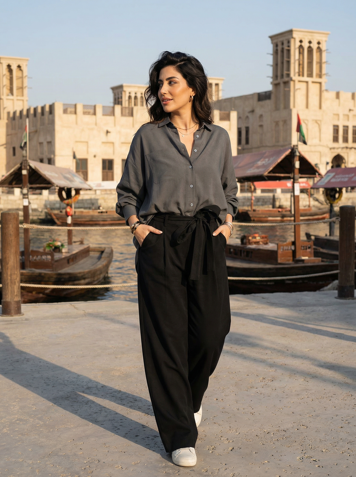 Women Gray & Black Set - Cupro rayon linen Shirt & tencel cotton Trousers 